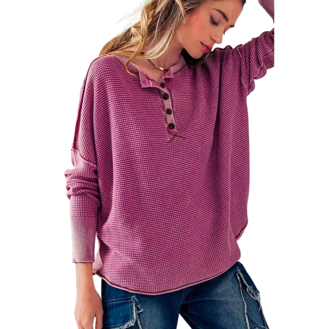 Button Up Thermal Contrast Trim Waffle Knit Top - Berry