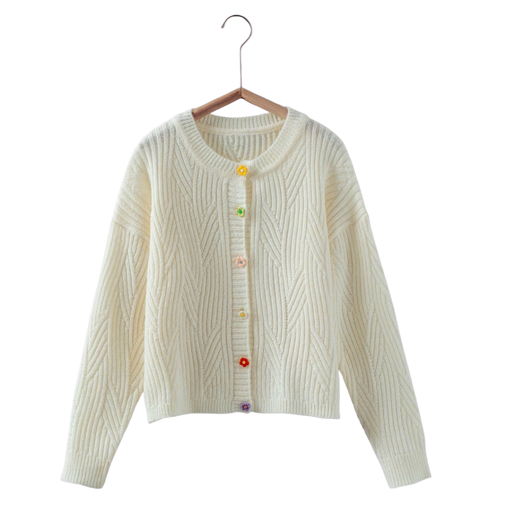 Flower Button Textured Knit Cardigan