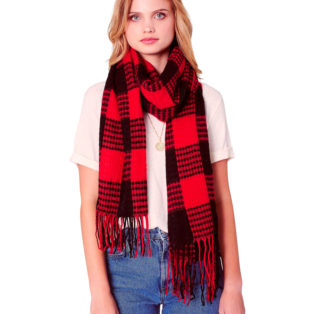 Gingham Checker Soft Scarf with Fringe