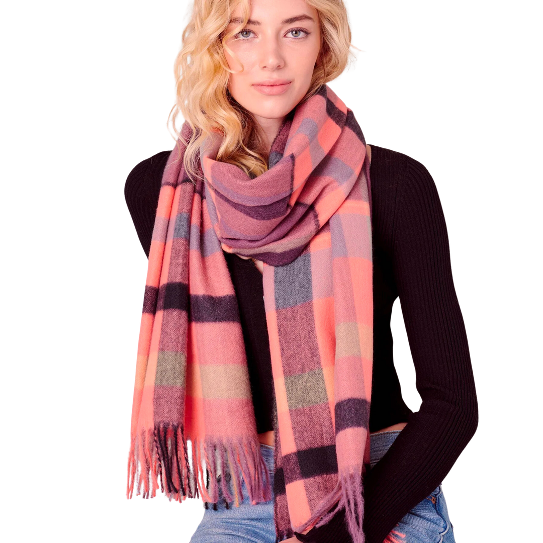 Puffy Multi-color Plaid Fringed Long Scarf