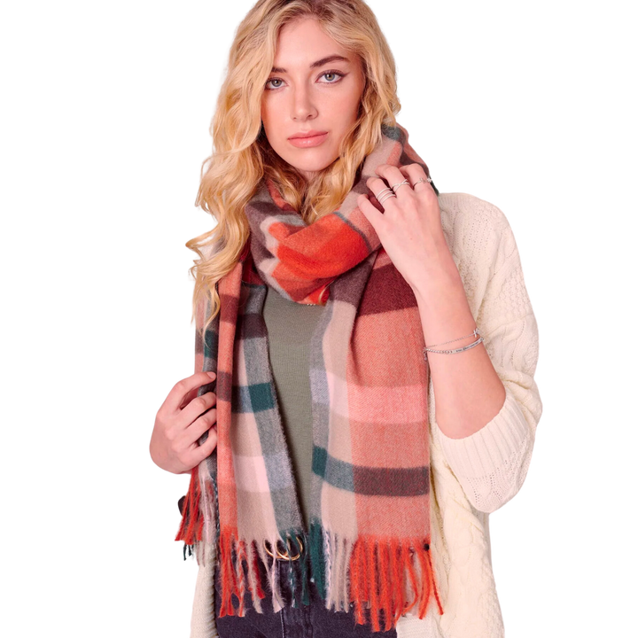 Puffy Multi-color Plaid Fringed Long Scarf