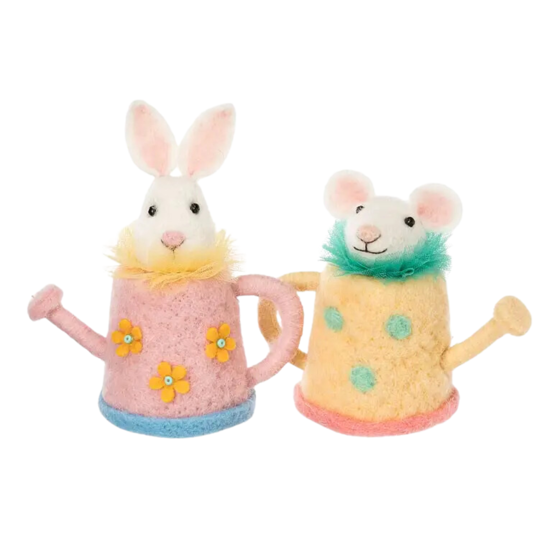 Bunny & Mouse in Watering Cans-2Asst-4.5"H