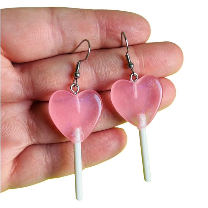 Pastel Glittery Heart Lollipop Earrings