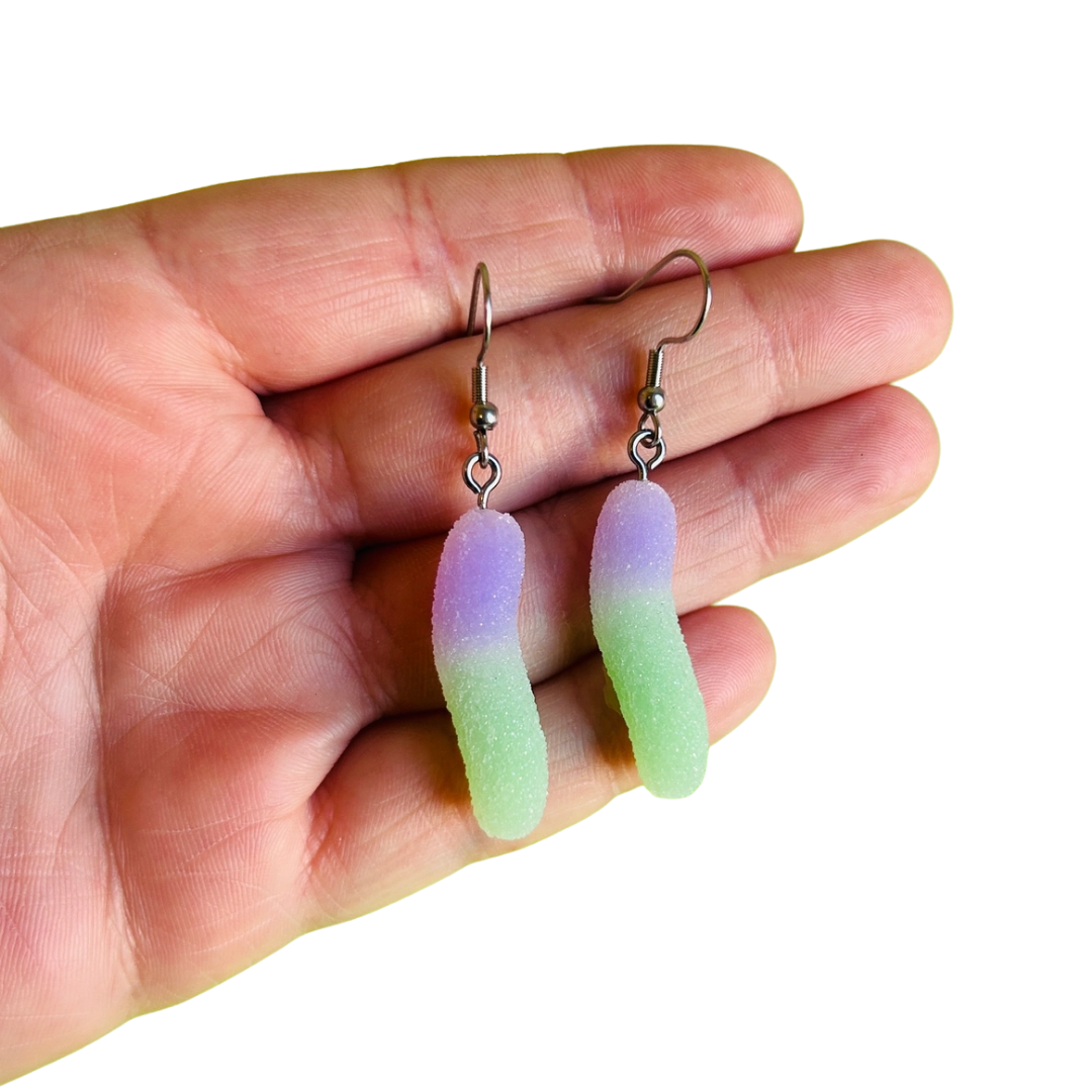 Mini Sour Candy Worm Earrings Purple and Green