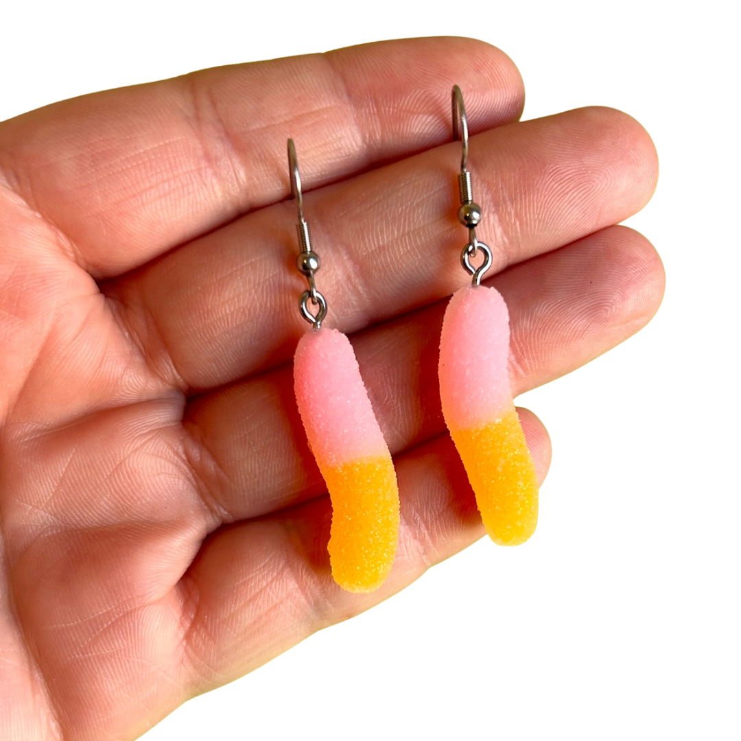 Mini Sour Candy Worm Earrings Pink and Orange