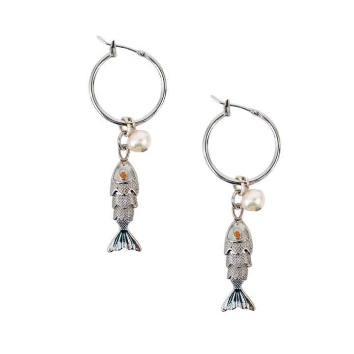 Fish and Pearl Hoop Earrings
