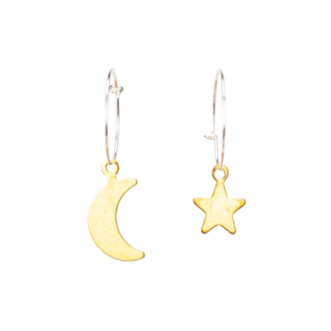 Moon and Star Mini Charm Hoop Earrings