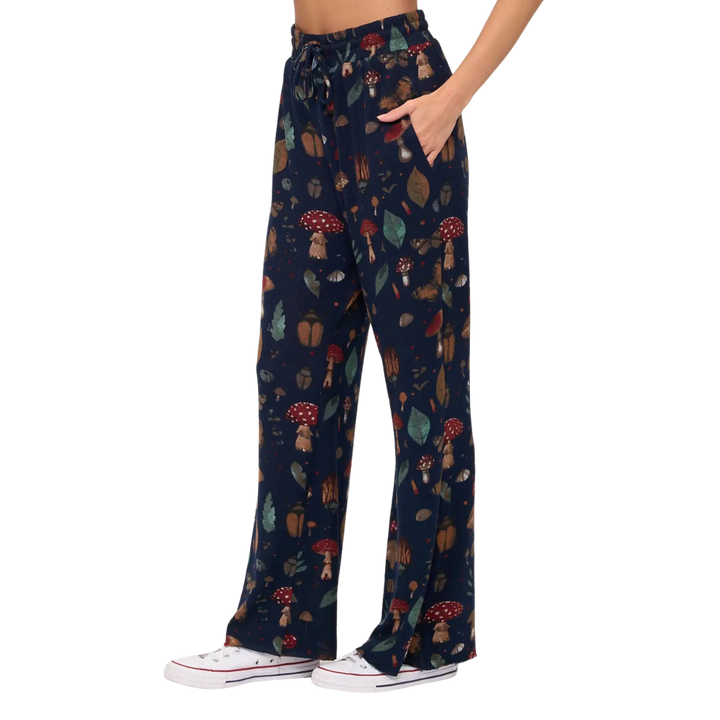 Mushrooms and Bugs Print Flare Pants