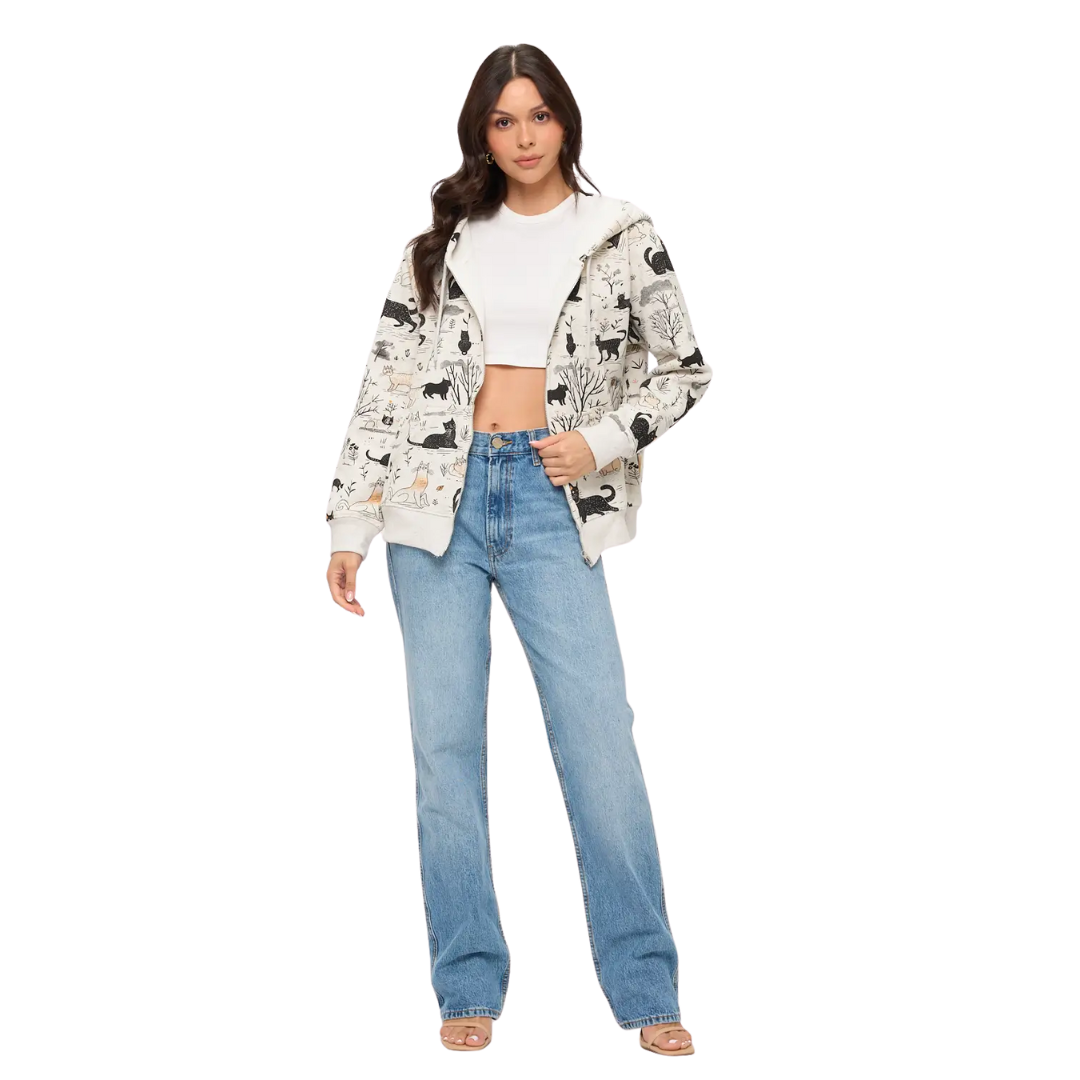 Whimsical Cat Forest Print Zip Up Hoodie