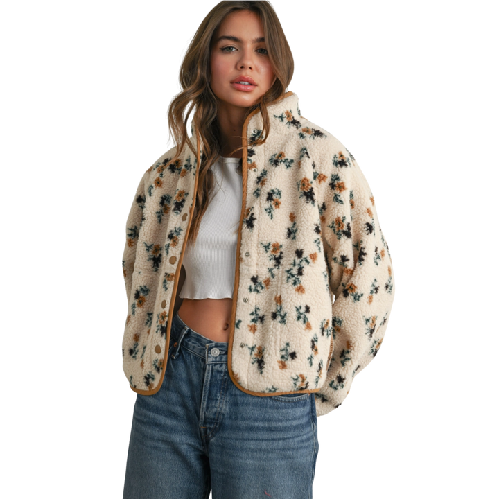 Floral Print Fluffy Fleece Jacket