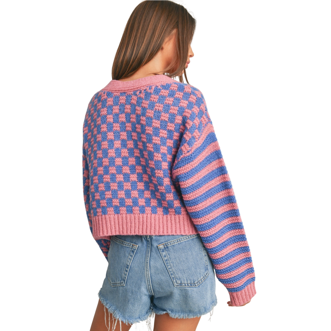 Oversized Button Down Checkered Stripe Cardigan