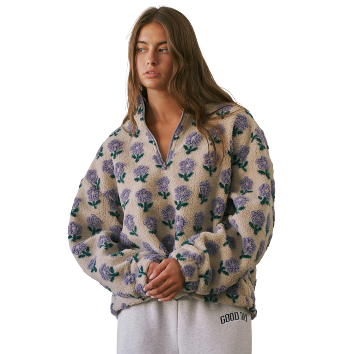 Floral Textured Sherpa Half-Zip Pullover - Lavender