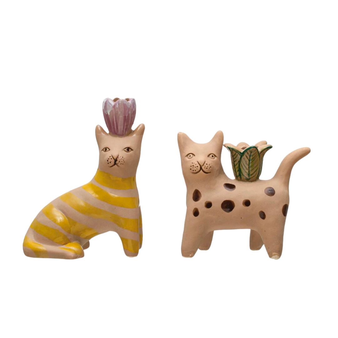Hand-Painted Stoneware Cat Taper Holder w/ Flower