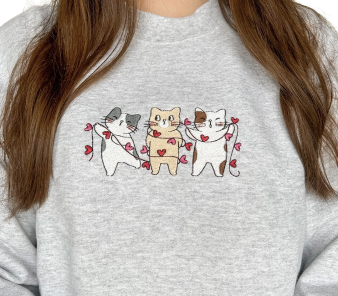 Valentine's Day Kitties Embroidered Crewneck