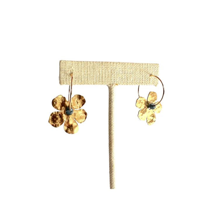 Gold Filled Hoop Hammered Brass Flower Earrings