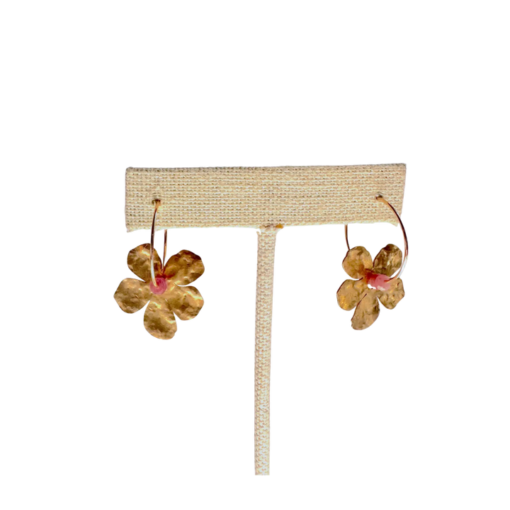 Gold Filled Hoop Hammered Brass Flower Earrings
