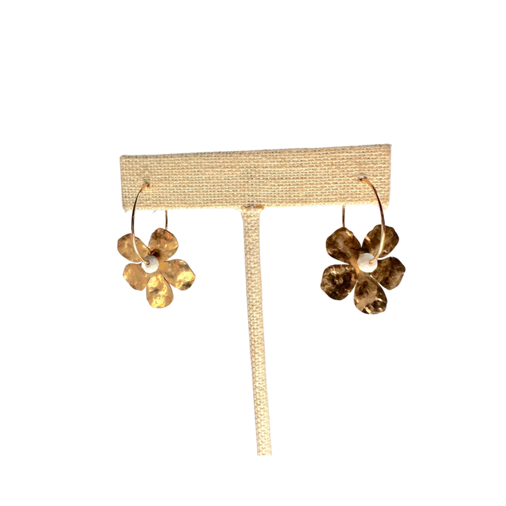 Gold Filled Hoop Hammered Brass Flower Earrings