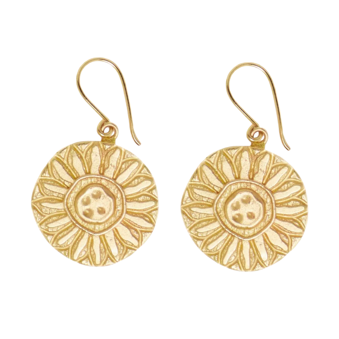 Mara Round Sunflower Brass Earrings