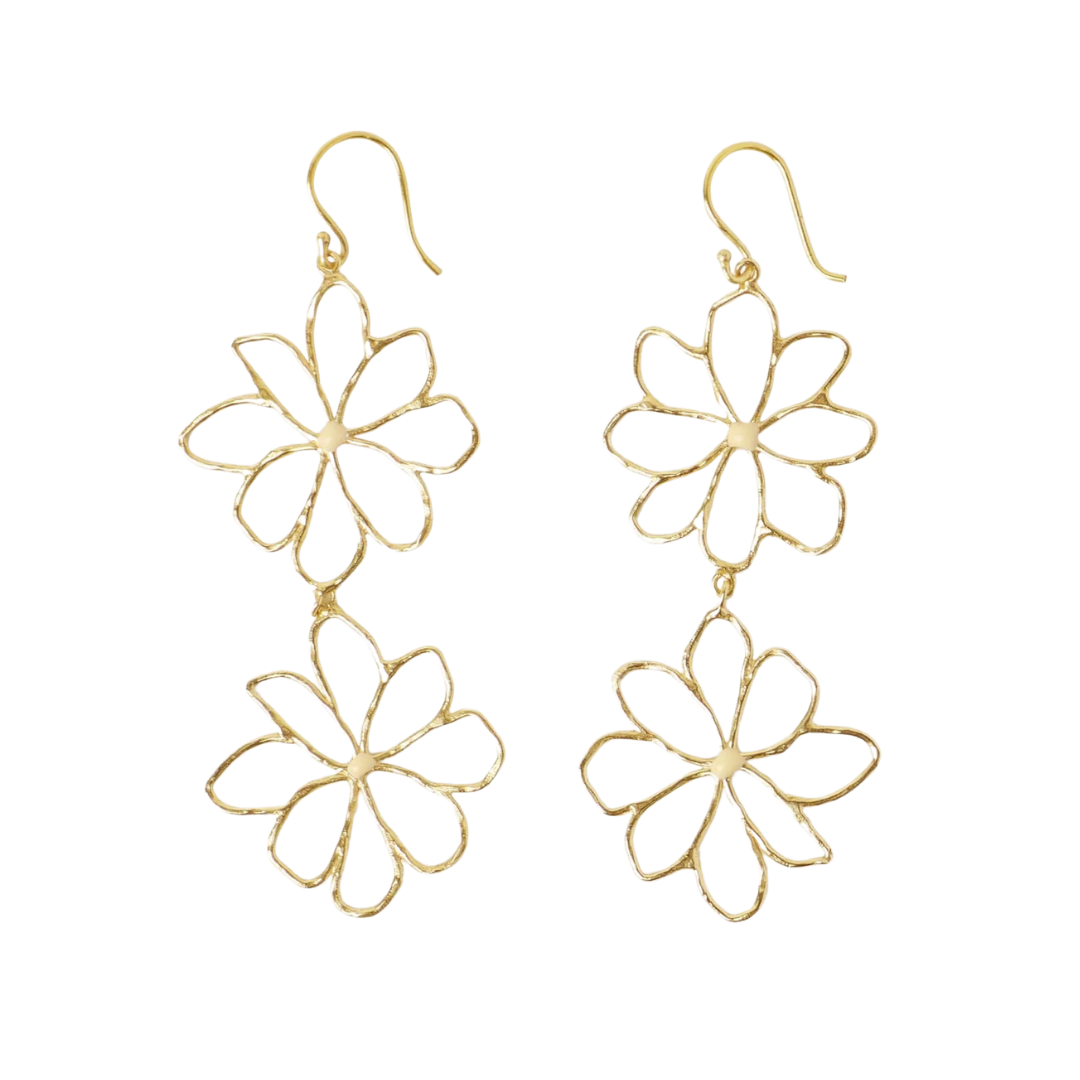 Farrah Double Flower Drop Brass Earrings with Ivory Enamel Centers
