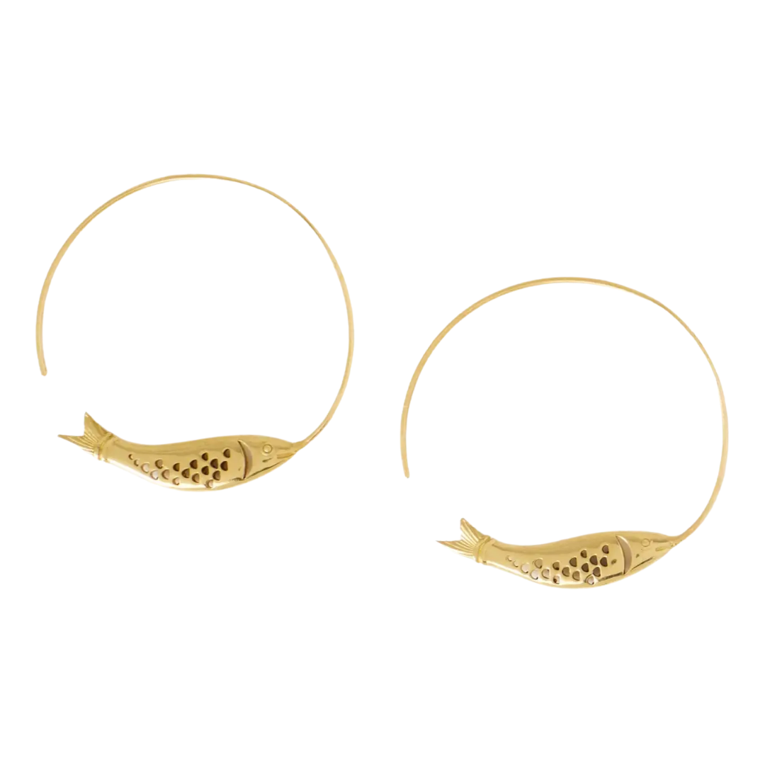 Wren Fish Hoop Brass Earrings