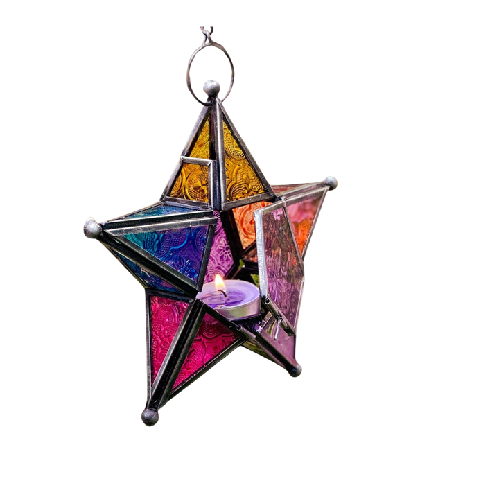 Rainbow 5-Point Star Hanging Tealight Lantern