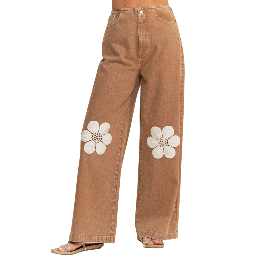 Floral Embroidered Knee Wide Leg Jeans