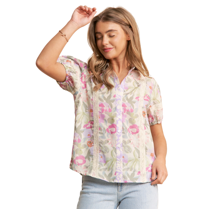 Floral Print Button Up Puff Short Sleeve Blouse