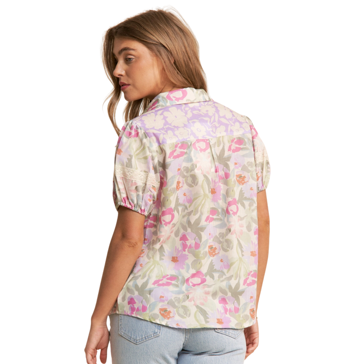 Floral Print Button Up Puff Short Sleeve Blouse