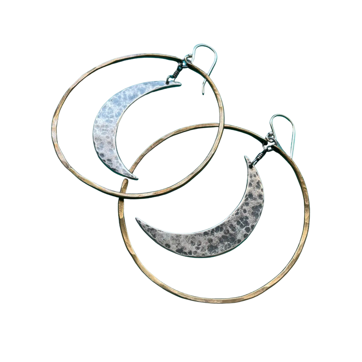 XL Silver Crescent Moons in Large Brass Hoops