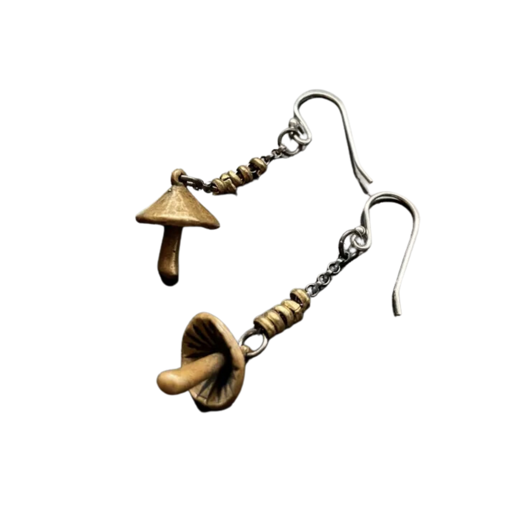 Tiny Sculpted Mushroom Earrings with Heishi Beads in Brass