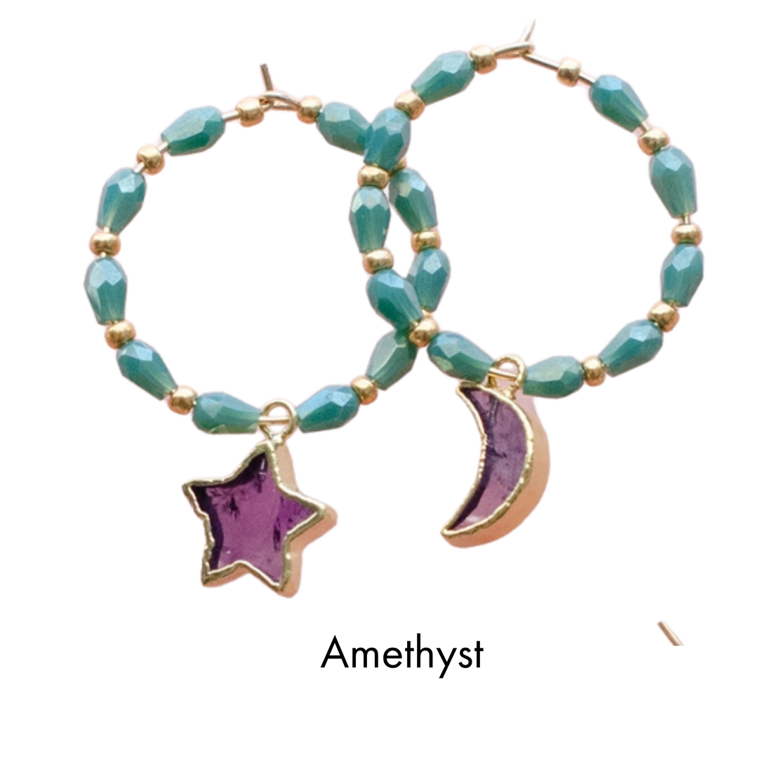 Star and Moon Gemstone Beaded Hoops