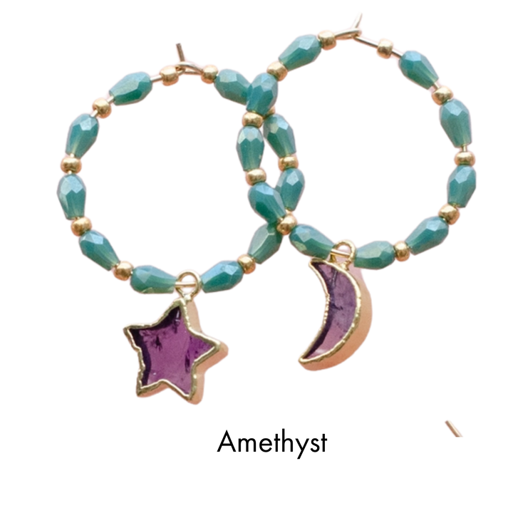 Star and Moon Gemstone Beaded Hoops