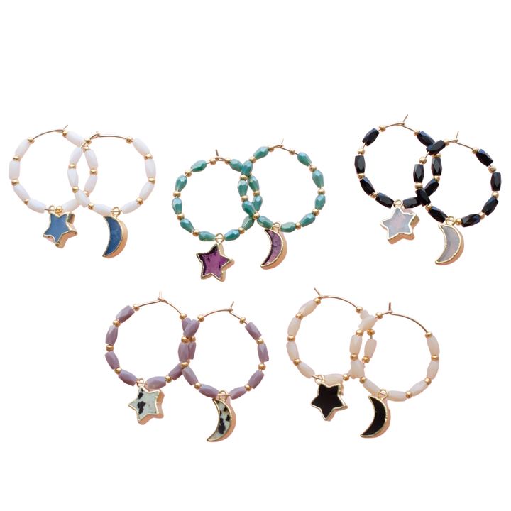 Star and Moon Gemstone Beaded Hoops