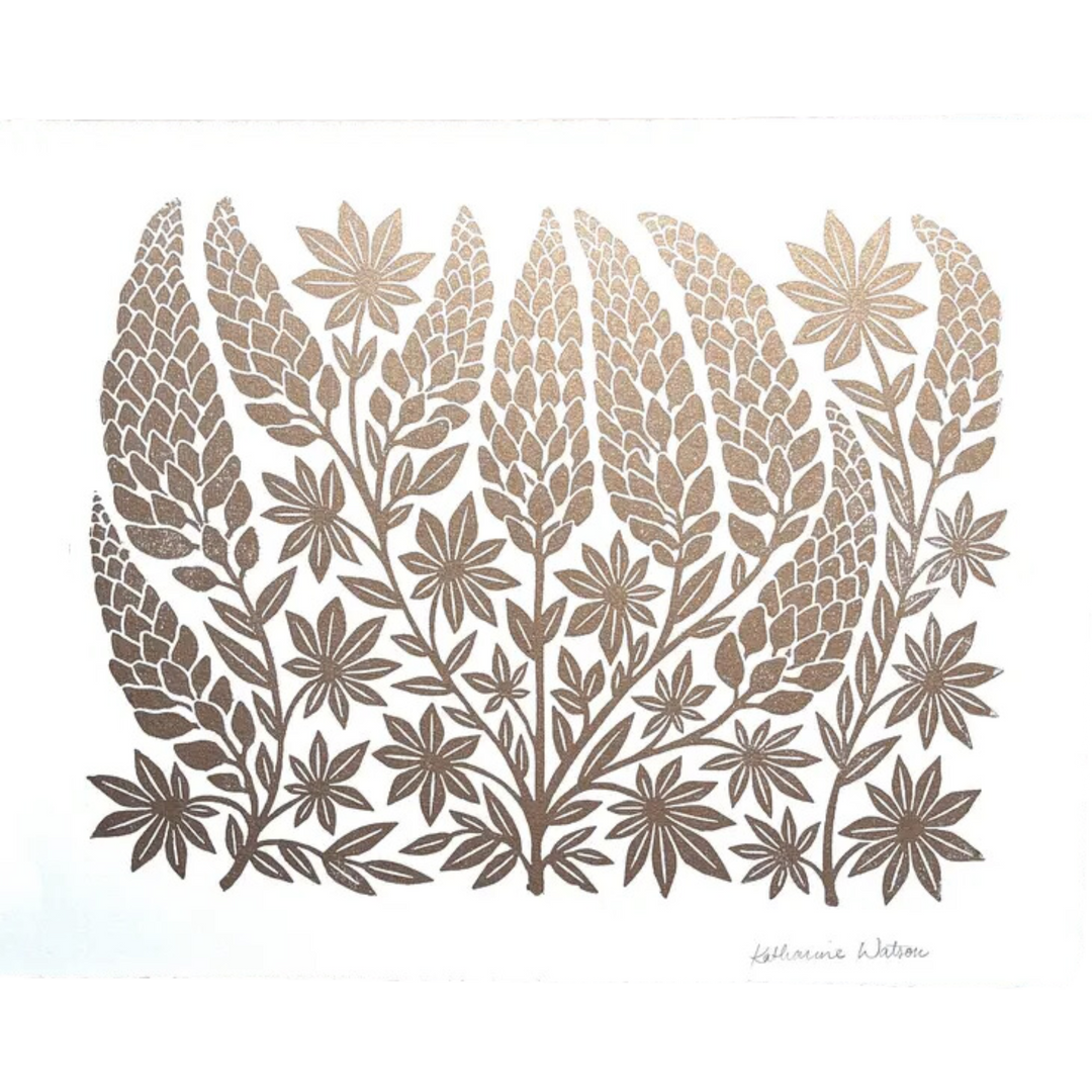 Hand Block Printed Gold Lupines Art Print - No. 2887