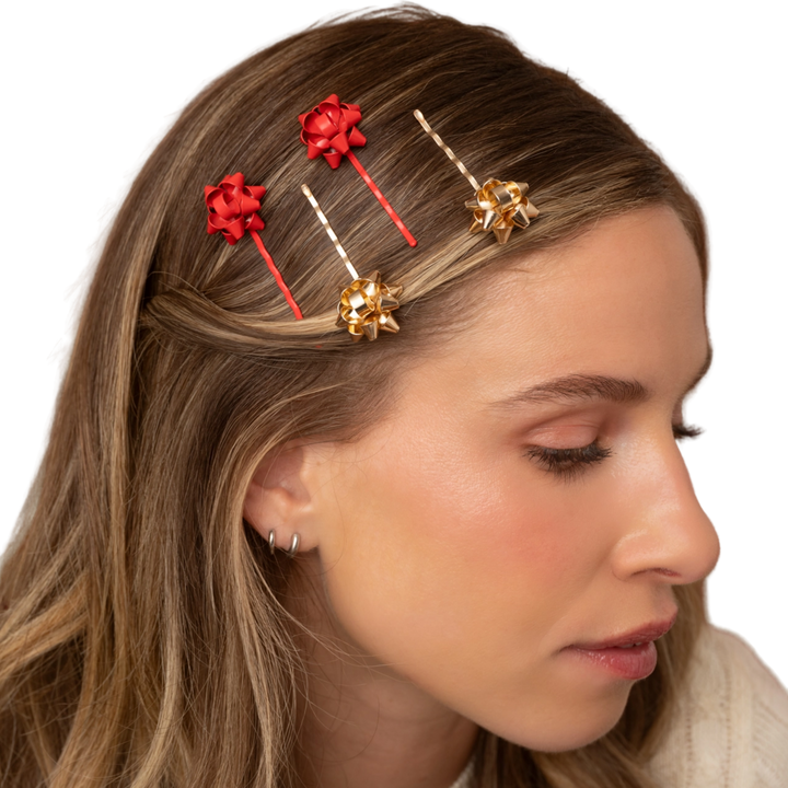 Metal Gift Bow Bobby Pin 4pc Set - Red & Gold