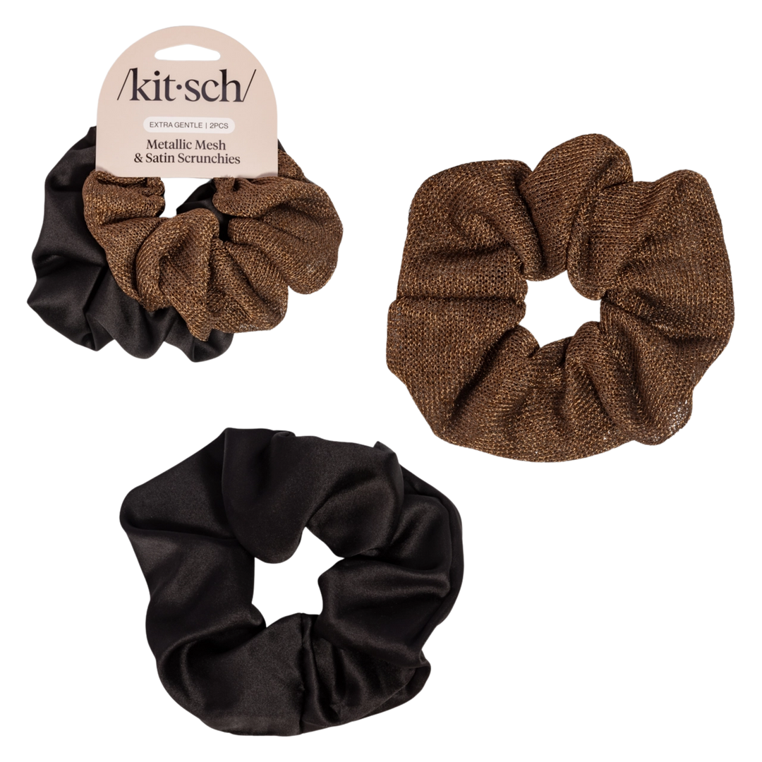 Metallic Mesh and Recycled Fabric Satin Scrunchies 2pc Set