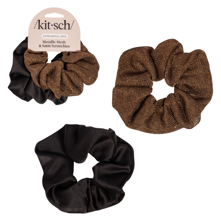 Metallic Mesh and Recycled Fabric Satin Scrunchies 2pc Set