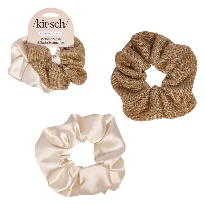 Metallic Mesh and Recycled Fabric Satin Scrunchies 2pc Set