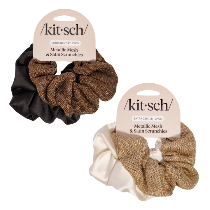 Metallic Mesh and Recycled Fabric Satin Scrunchies 2pc Set