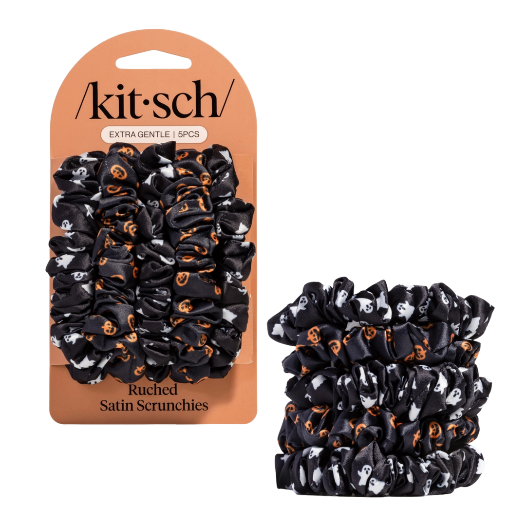 Ruched Satin Scrunchies 5pc Set - Ghosts & Pumpkins