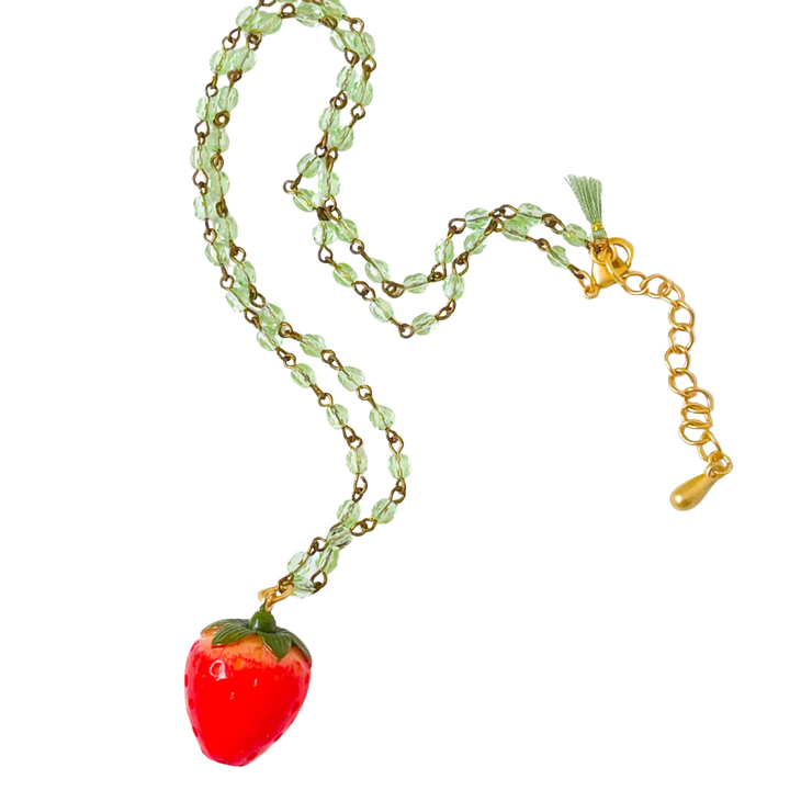 Strawberry Charm Necklace with Green Beads
