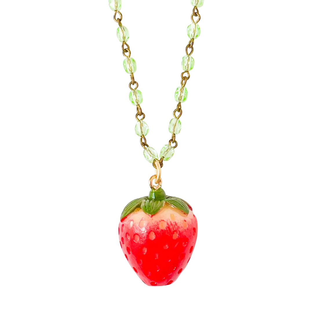 Strawberry Charm Necklace with Green Beads