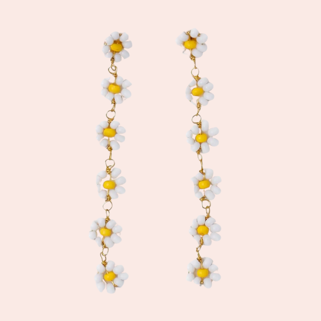 Amanda Flower Beaded Dangle Earrings White + Yellow