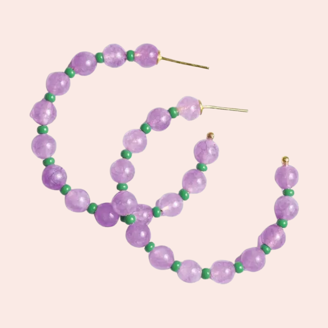 Angela Round Stone & Seed Bead Hoop Earrings