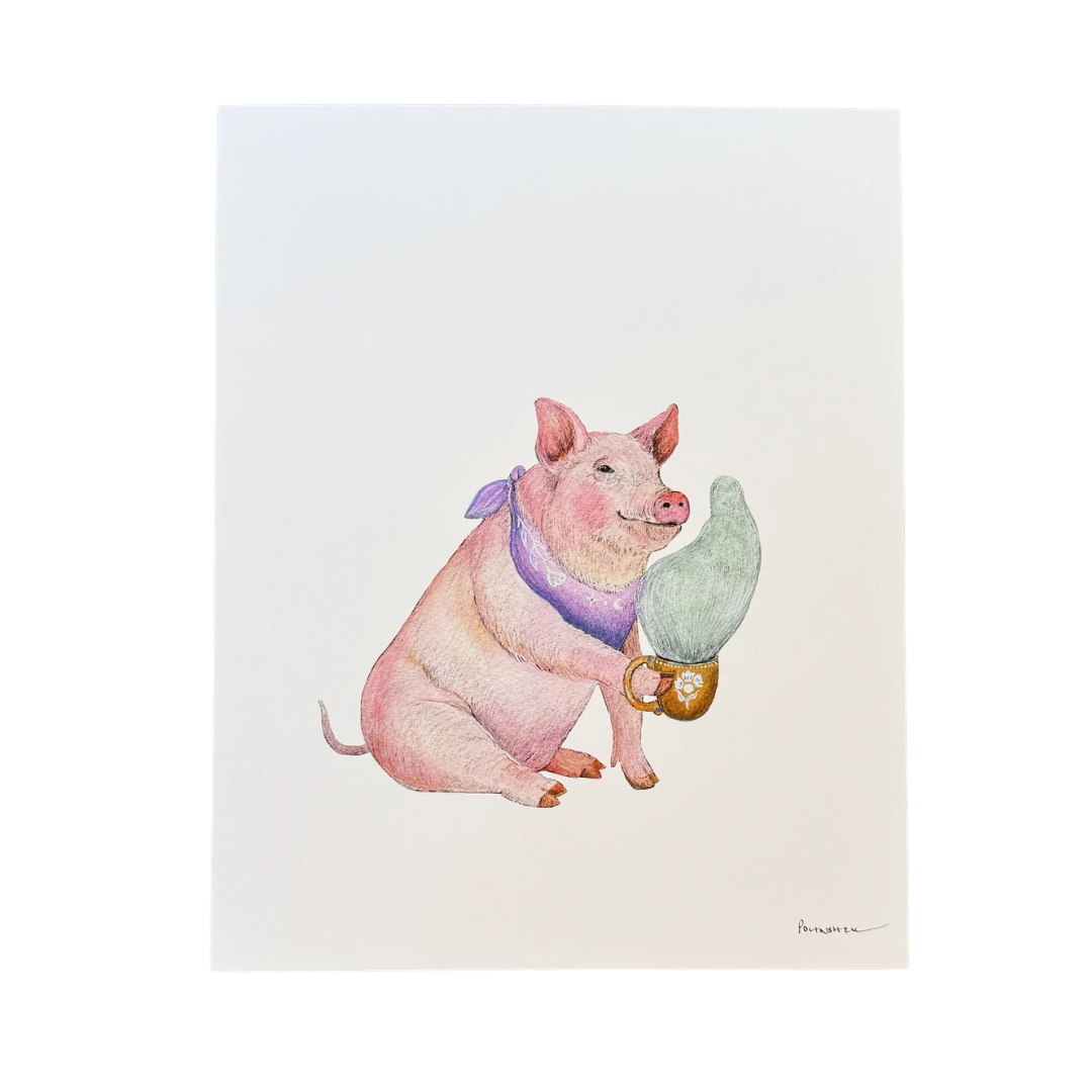 Critters and Cups: Prudence Pig - 8"x10" Print