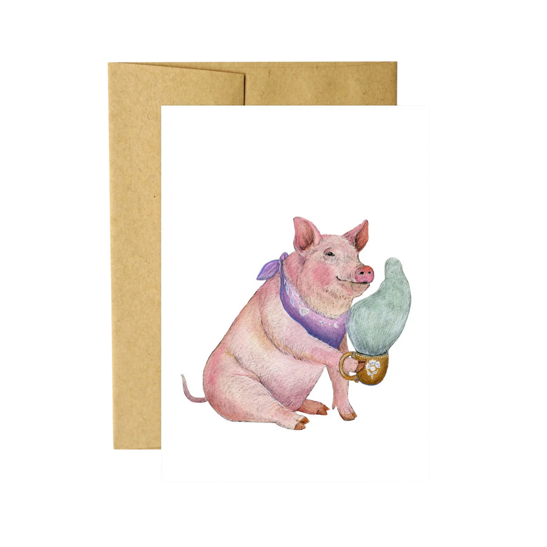 Critters and Cups: Prudence Pig Greeting Card