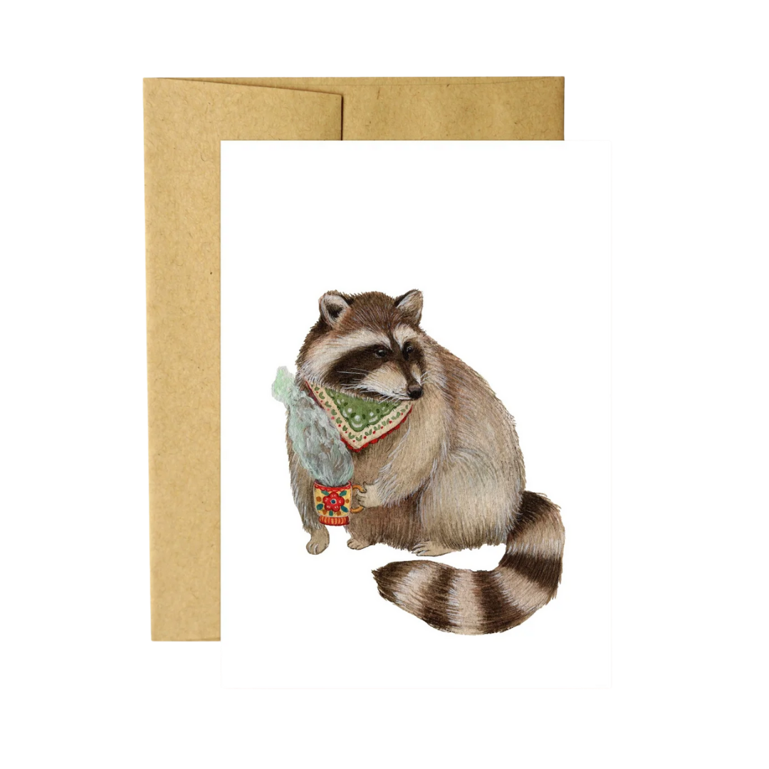 Critters and Cups: Rocky Raccoon Greeting Card
