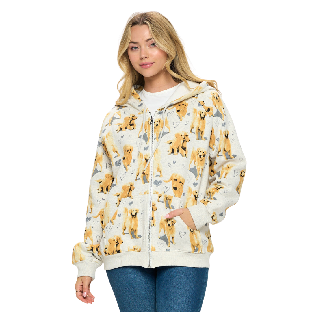Golden Retriever Print Zip Up Hoodie