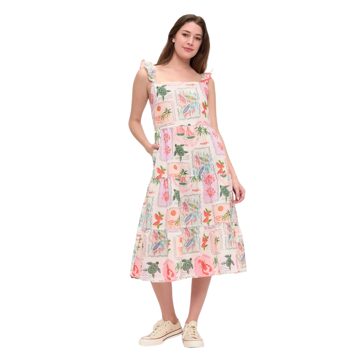 Coastal Vacation Ruffle-Sleeve Midi Dress