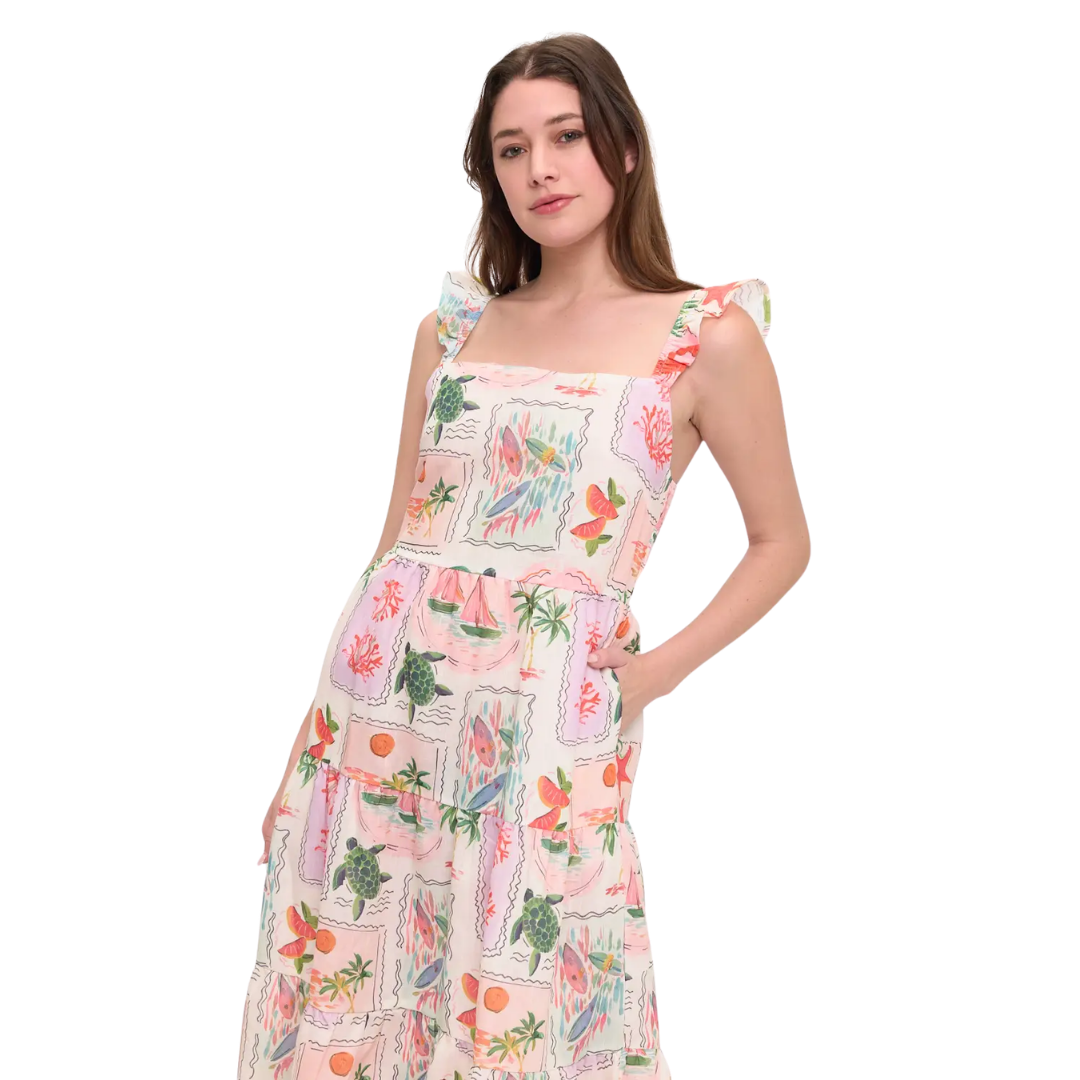 Coastal Vacation Ruffle-Sleeve Midi Dress